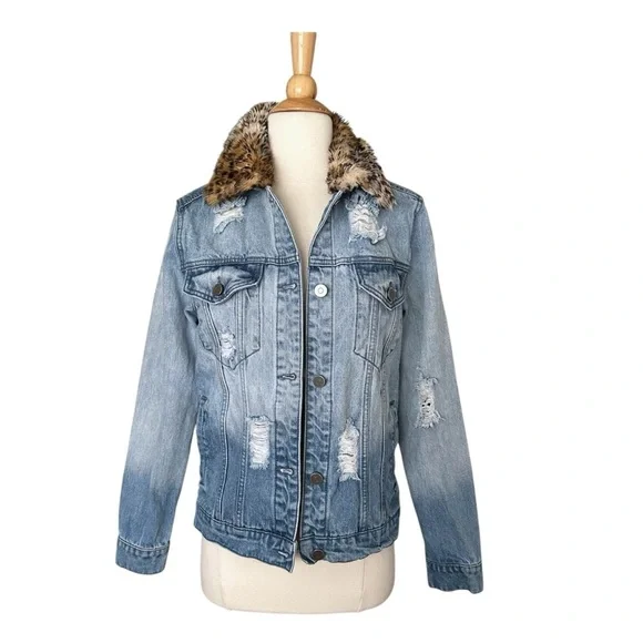 Guns N’ Roses Distressed Denim Trucker Band Jacket Leopard Faux Fur Collar M - Picture 2 of 15